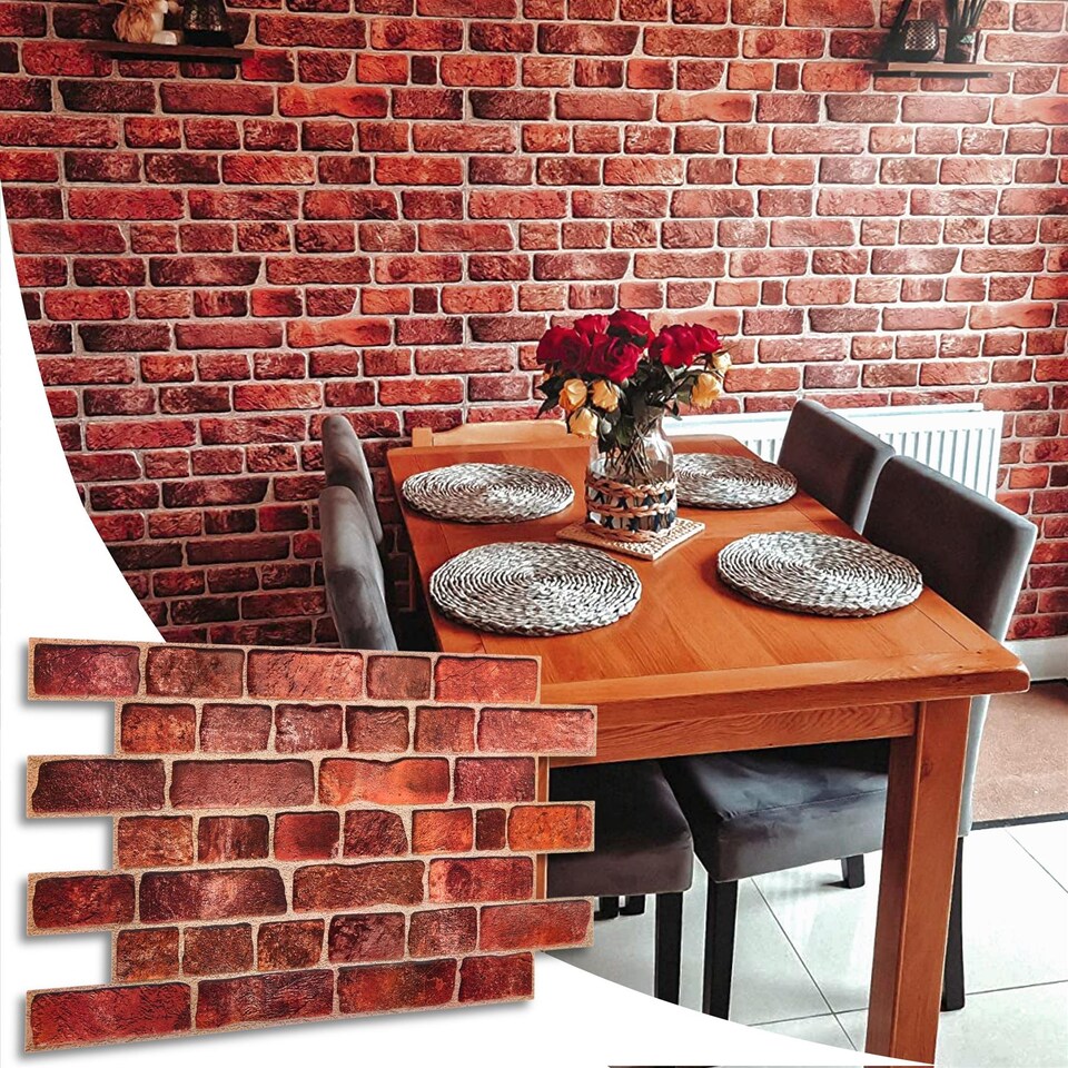 image 1 of NOVECRAFTO Red Brick Effect 3D Wall Panels (96cm x 48cm) DIY PVC Plastic Cladding Panels