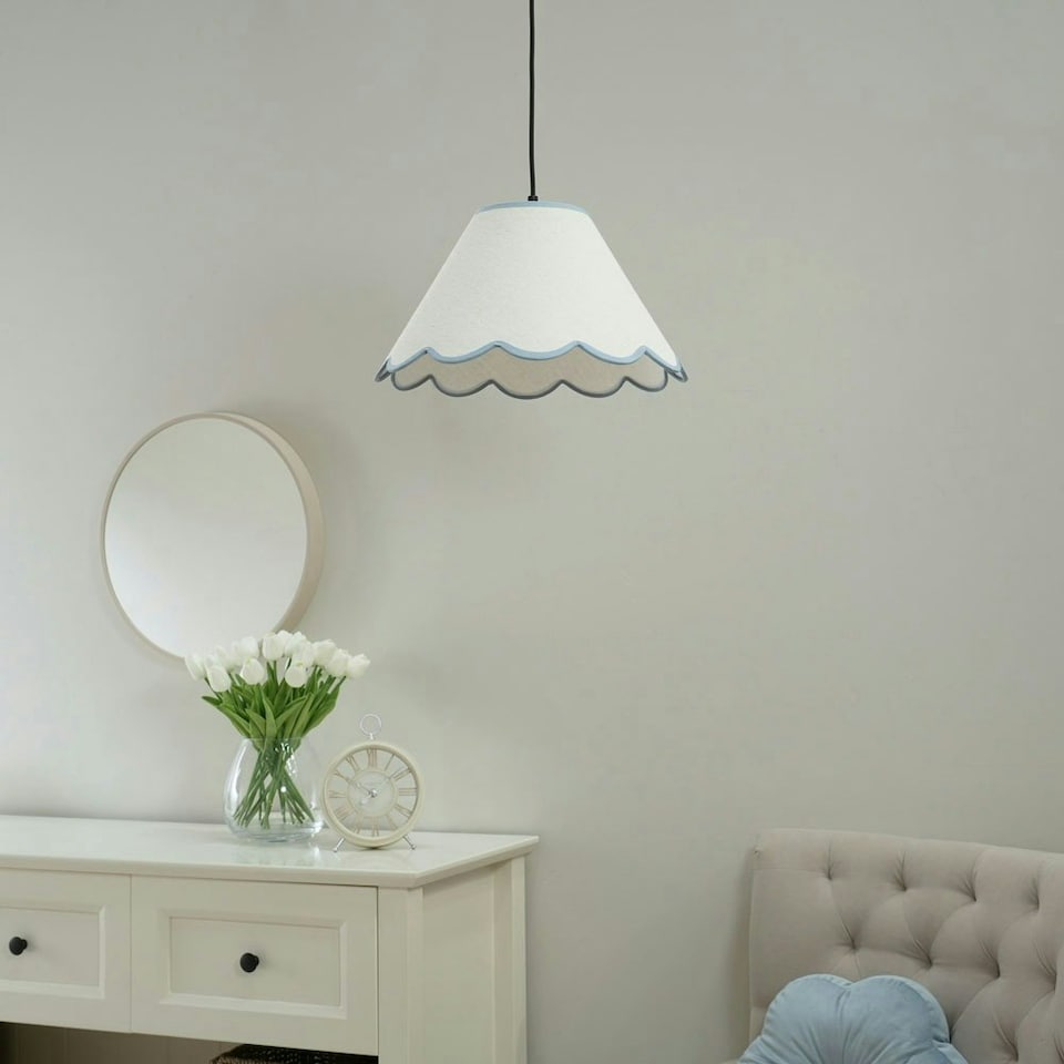 image 1 of ValueLights Florie Natural Linen Large Tapered Lamp Shade with Scallop Blue Trim
