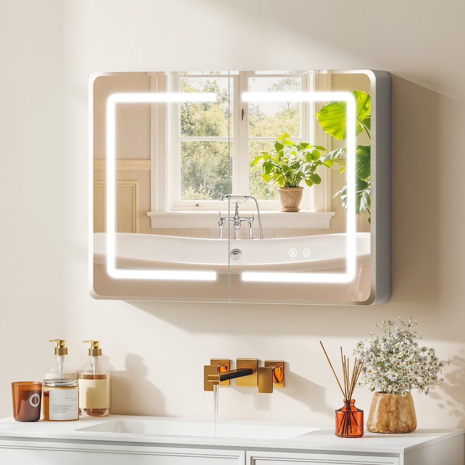 image 1 of HOMCOM 60 x 80 cm LED Bathroom Mirror Cabinet with Double-Sided Mirrors | Silver | Silver | 80W x 13.5D x 60H cm