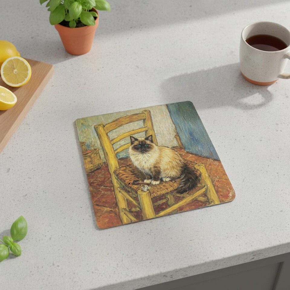 image 1 of Van Gogh's Chair Cat Glass Hot Pot Stand - Heat Resistant Non-Slip Trivet