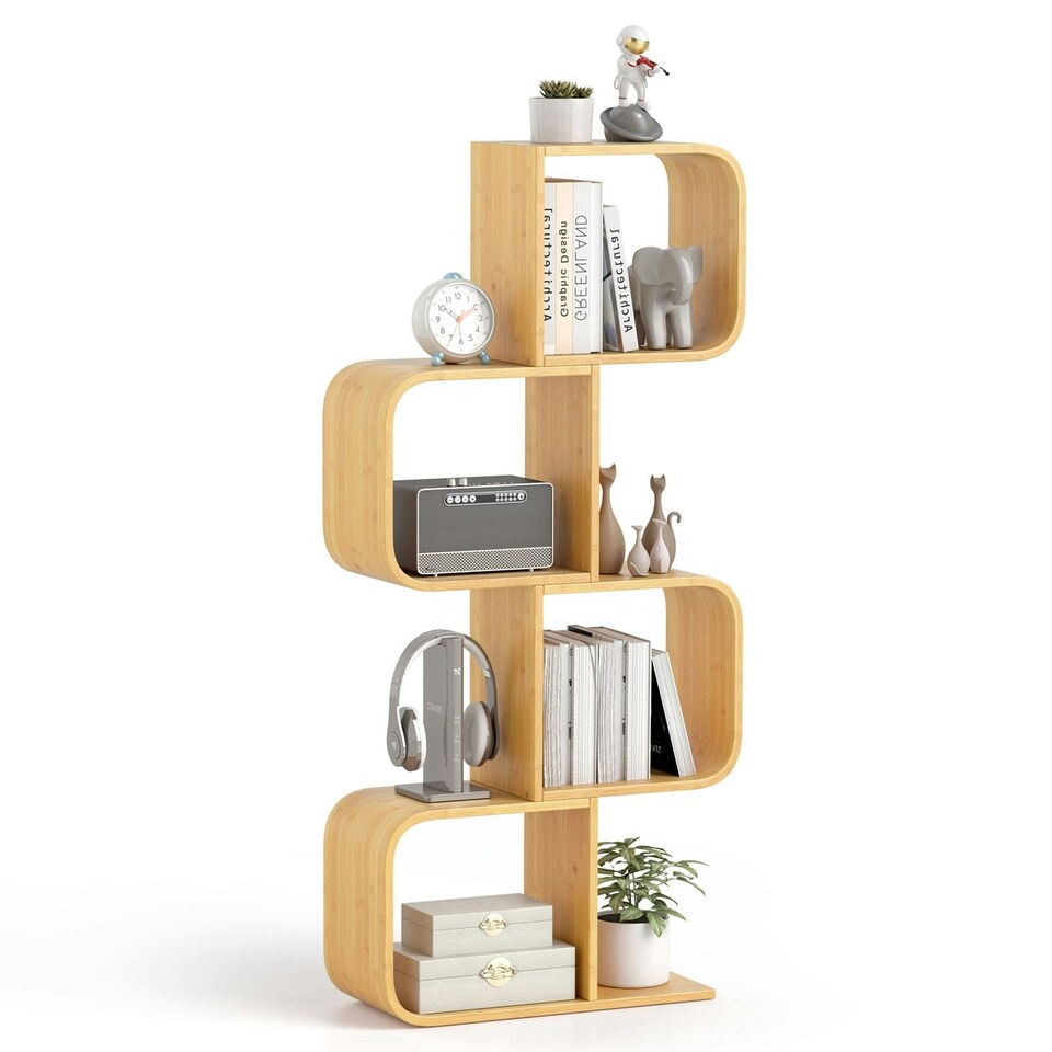 image 1 of COSTWAY 4-TierS-Shaped Bookcase, Bamboo Bookshelf Brown