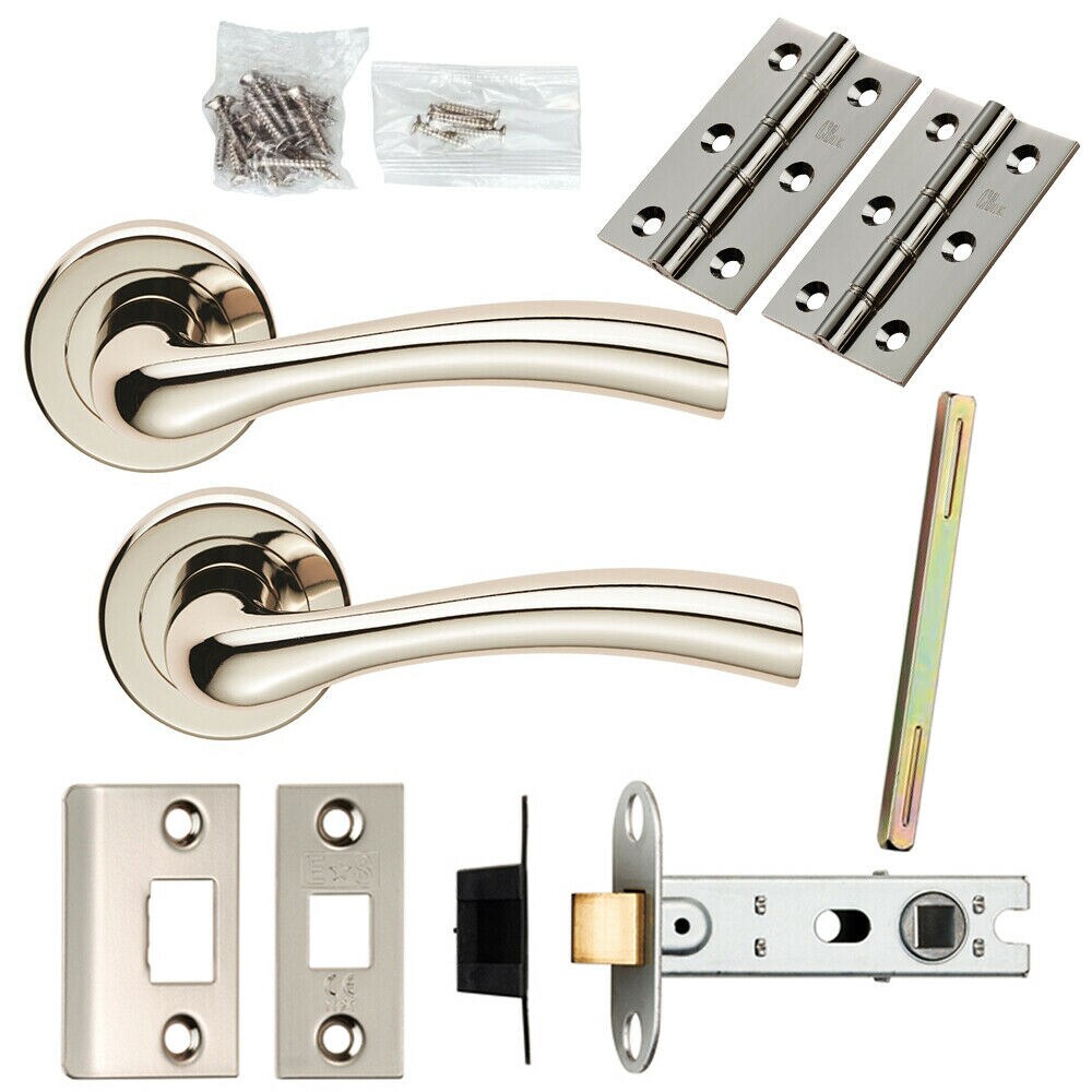 Loops Door Handle & Latch Pack Polished Nickel Flared Lever Screwless Round Rose in Metallics