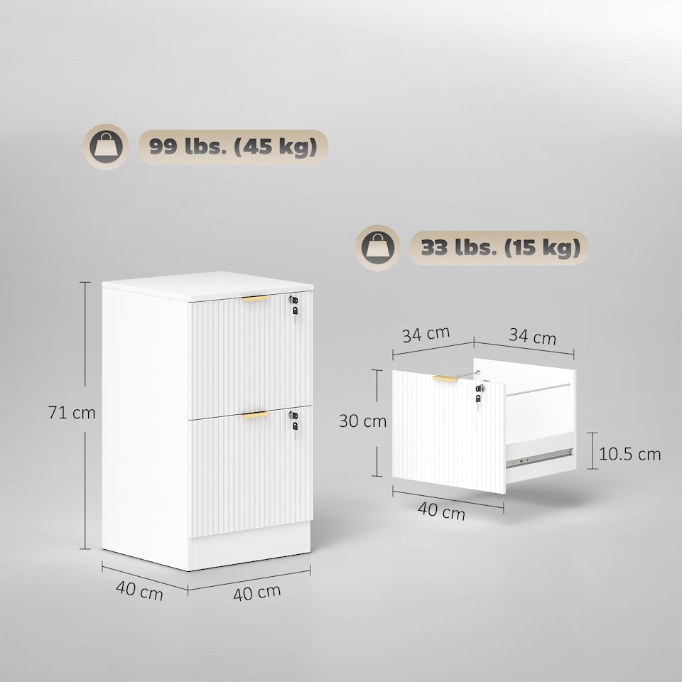 image 1 of Filing Cabinet, File Cabinet with 2 Lockable Drawers and Hanging Rails | White | White | 40 x 40 x 71 cm
