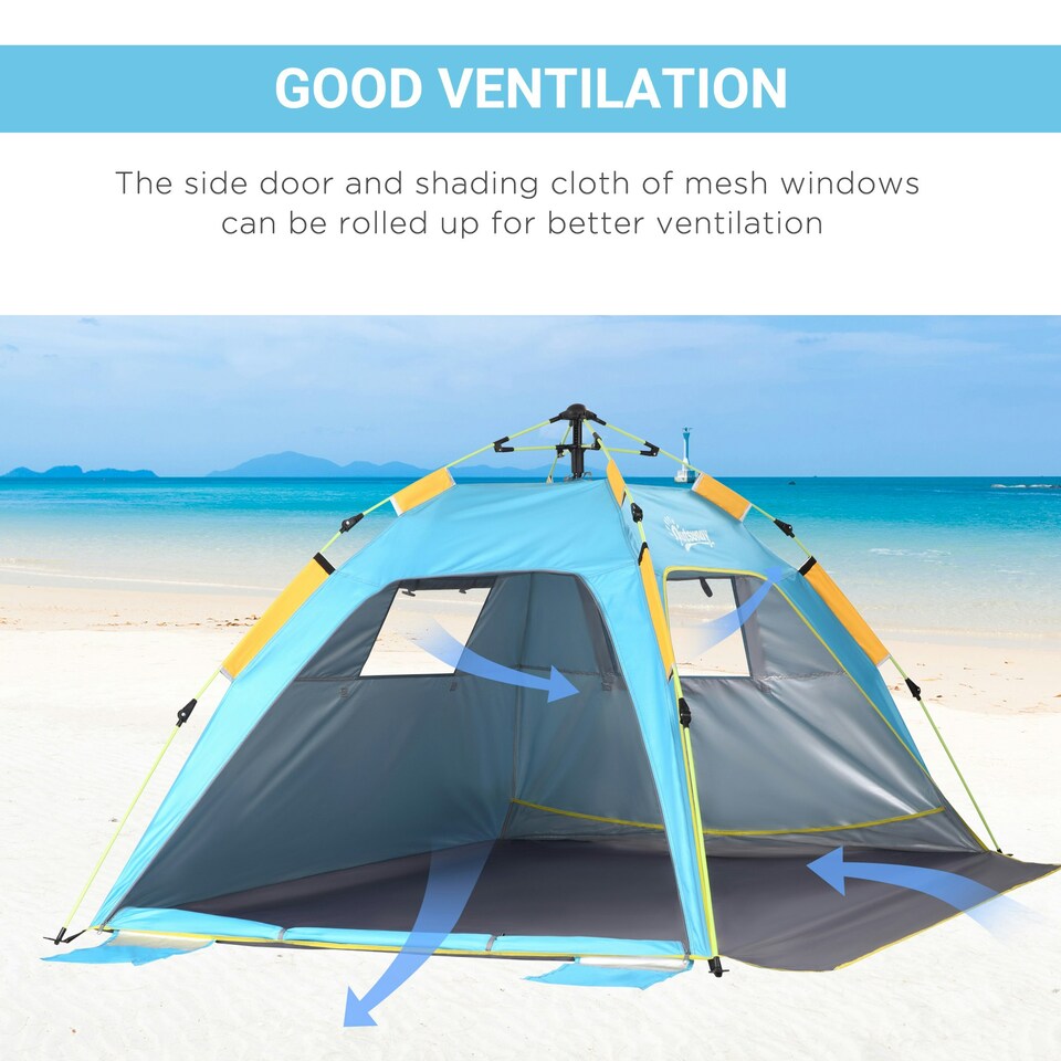 image 1 of Outsunny 2 Man Pop-up Beach Tent Sun Shade Shelter Hut w/Windows Door Light Blue