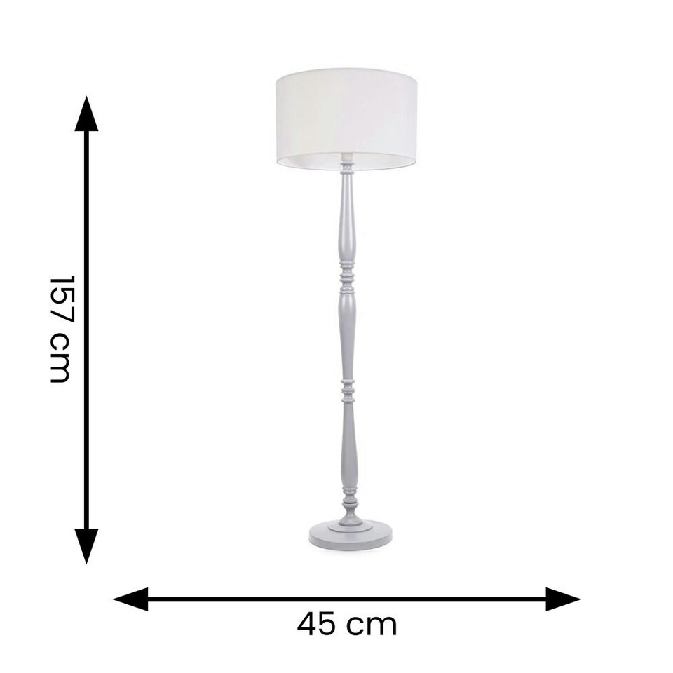 image 1 of ValueLights Victoria Grey Wood Traditional Stem Floor Lamp with White Fabric Drum Shade