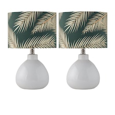 Set of 2 Tuscan - White Ceramic Lamps with Tropical Green Shade | White | Green | Medium | 2
