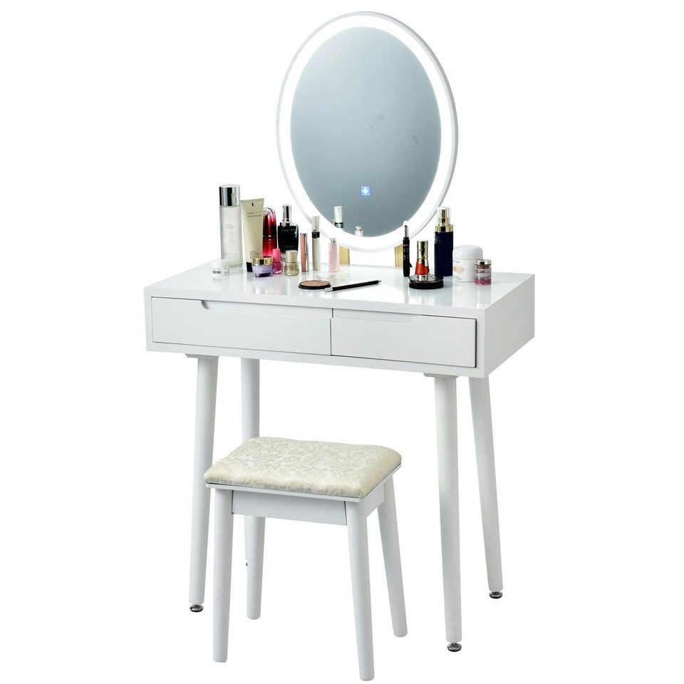 image 1 of COSTWAY Makeup Vanity Dressing Table Set with Lighted Mirror White