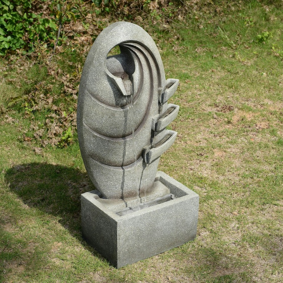 image 1 of Teamson Home Garden Outdoor Water Feature, Modern Oval Water Fountain, With Warm LED Lights, Grey