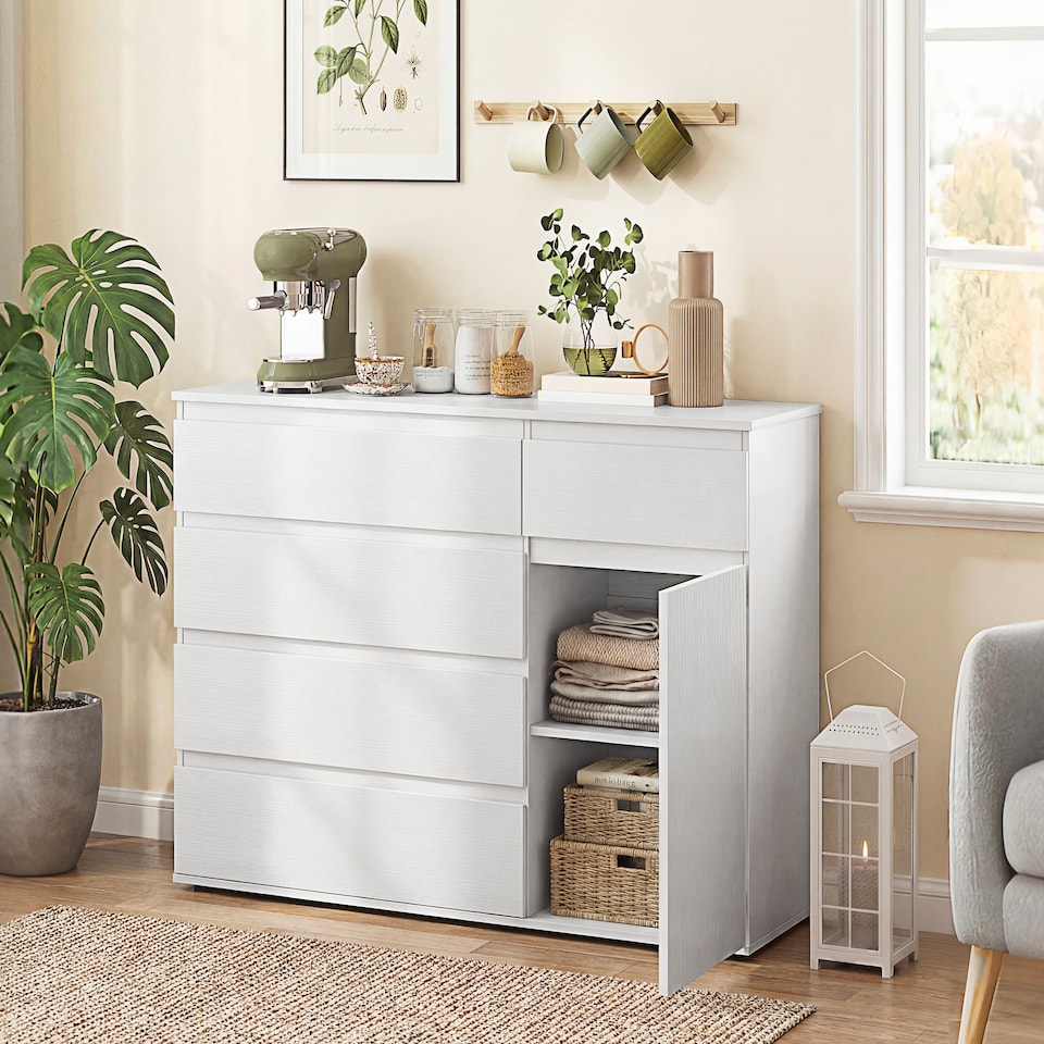 image 1 of HOMCOM Sideboard Storage Cabinet, Kitchen Cupboard with 5 Drawers | White | White embossed
