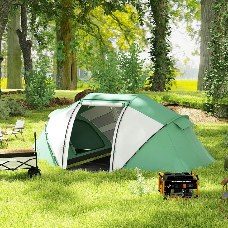 image 1 of Outsunny 4-6 Persons Camping Tent Dome Family Travel Group Hiking Room Fishing Green | Green and White