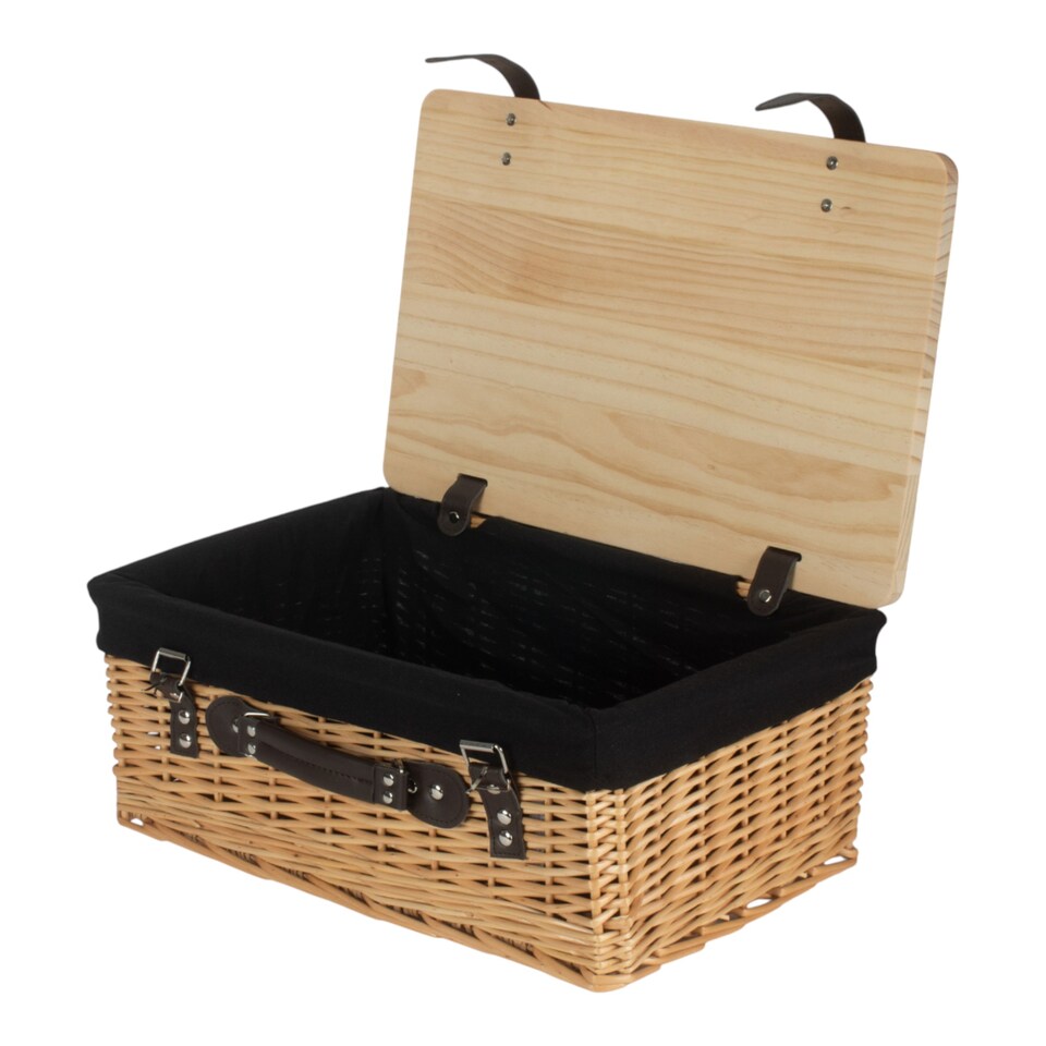 image 1 of 36cm Buff Black Lined Willow Empty Picnic Basket with Pinewood Lid | Brown | Black | S | 1