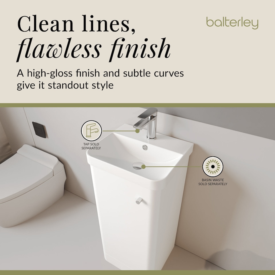 image 1 of Balterley Curve Modern Bathroom Floor Standing 1 Door Vanity Unit Basin | White | Gloss White