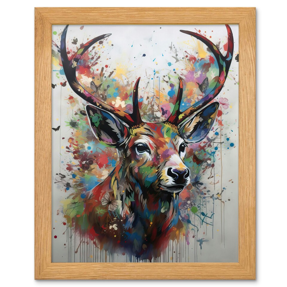 image 1 of The Butterfly Stag Abstract Soft Pastel Deer Wood Framed Wall Art Print