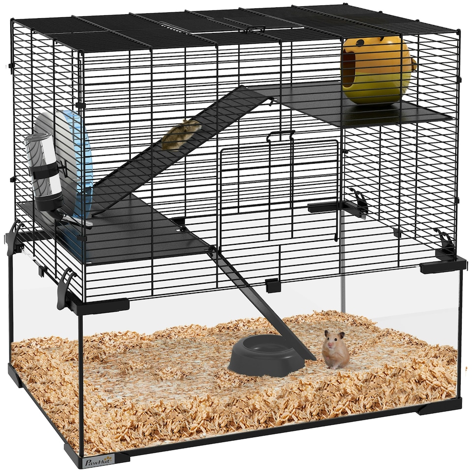 image 1 of PawHut 3 Tiers Hamster Cage w/ Deep Glass Bottom, Dish, Hut, 60 x 40 x 54.5cm