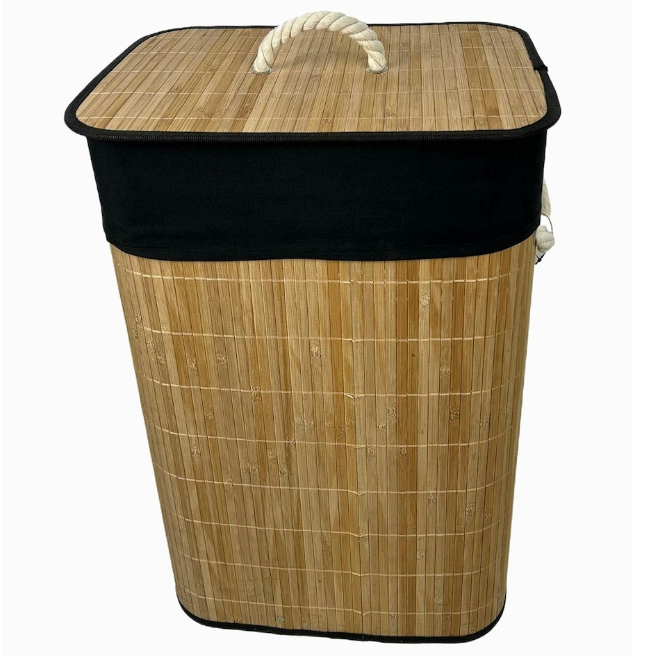 image 1 of Bamboo Laundry Basket with Lid Liner 72L Folding Washing Clothes Bin Hamper Bag Brown