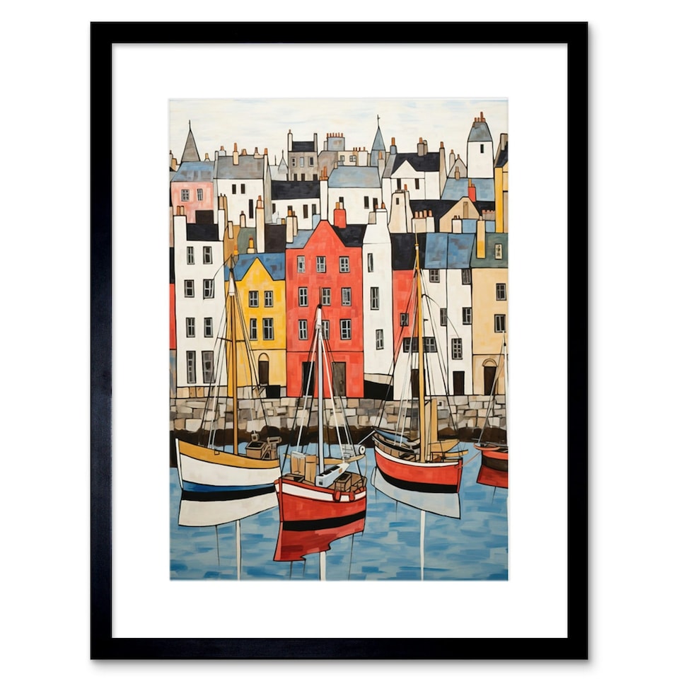 image 1 of Colourful Town Harbour Fishing Boats Coastal 9x7" Black Framed Wall Art Print
