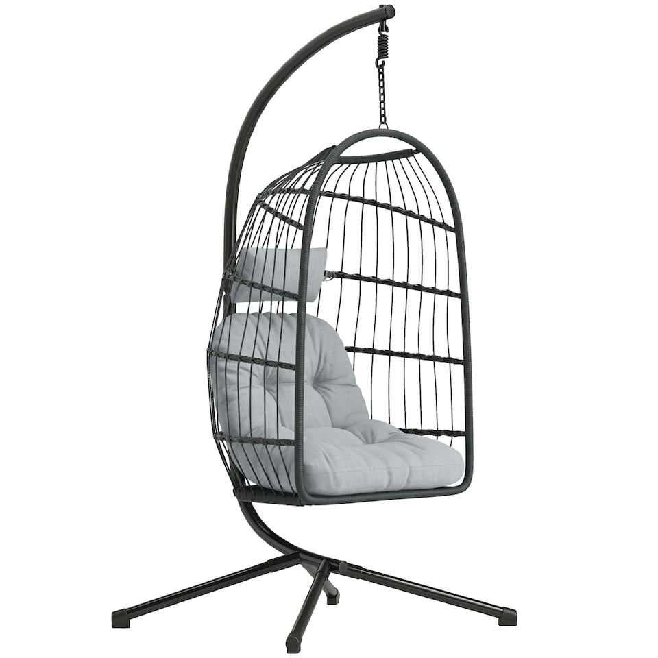 image 1 of Outsunny Hanging Egg Chair, Outdoor Swing Chair with Stand, Dark/Light Grey | Grey | Dark grey basket, light grey cushions | One Size
