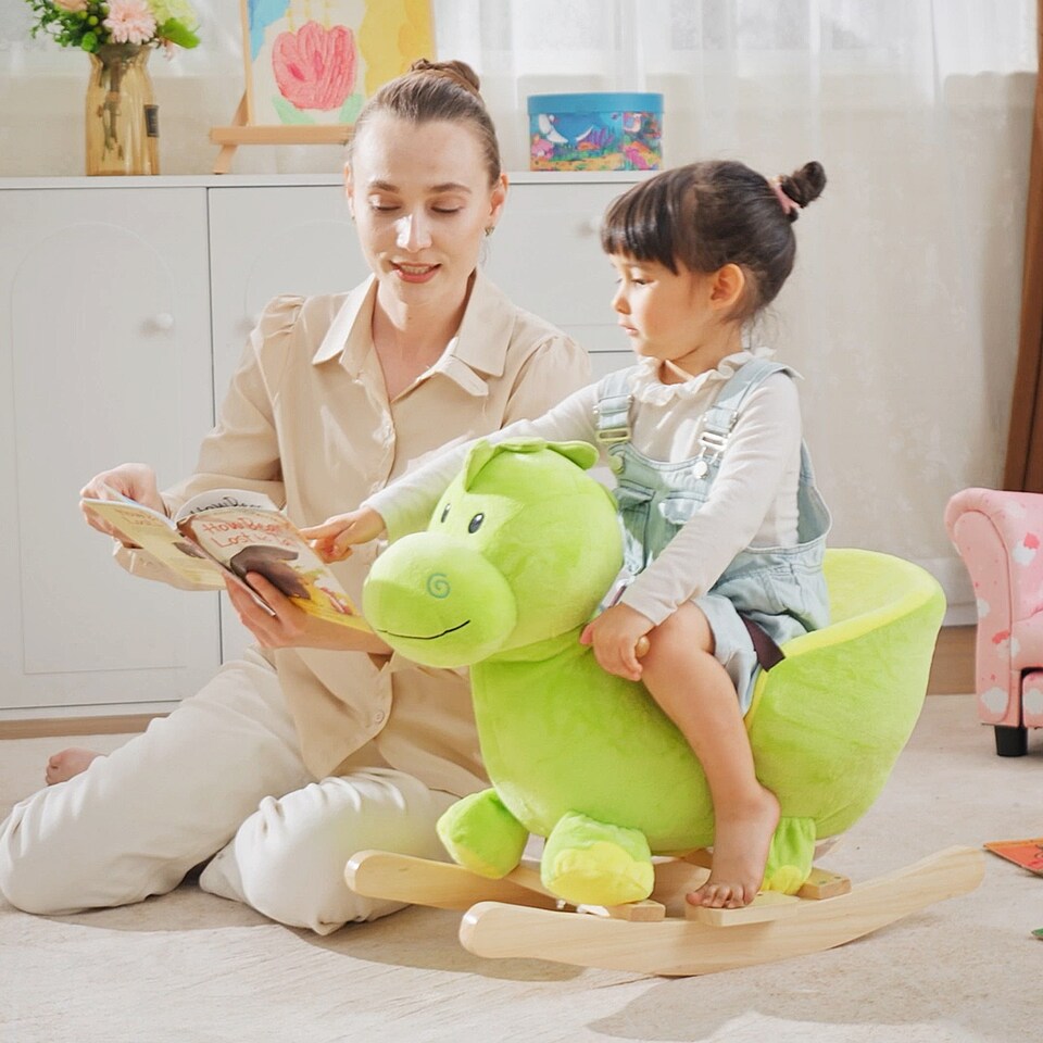 image 1 of HOMCOM Kids Rocking Horse, Plush Ride-On Dinosaur Seat with Safety Belt, 32 Songs, Ride-On Horses Toy, for Ages 18 Plus Months - Green