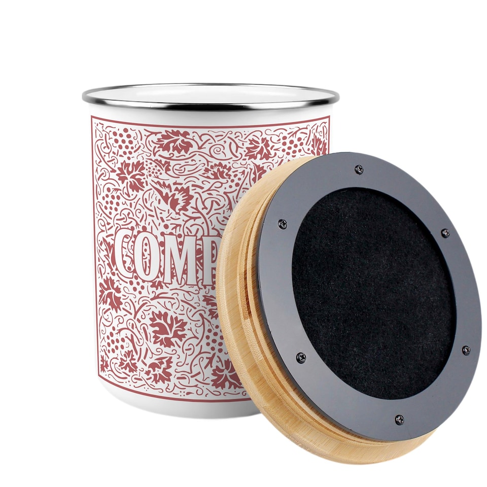 image 1 of Oak Leaves & Berries Compost Caddy - Metal 2L Red Decorative Kitchen Food Waste Bin