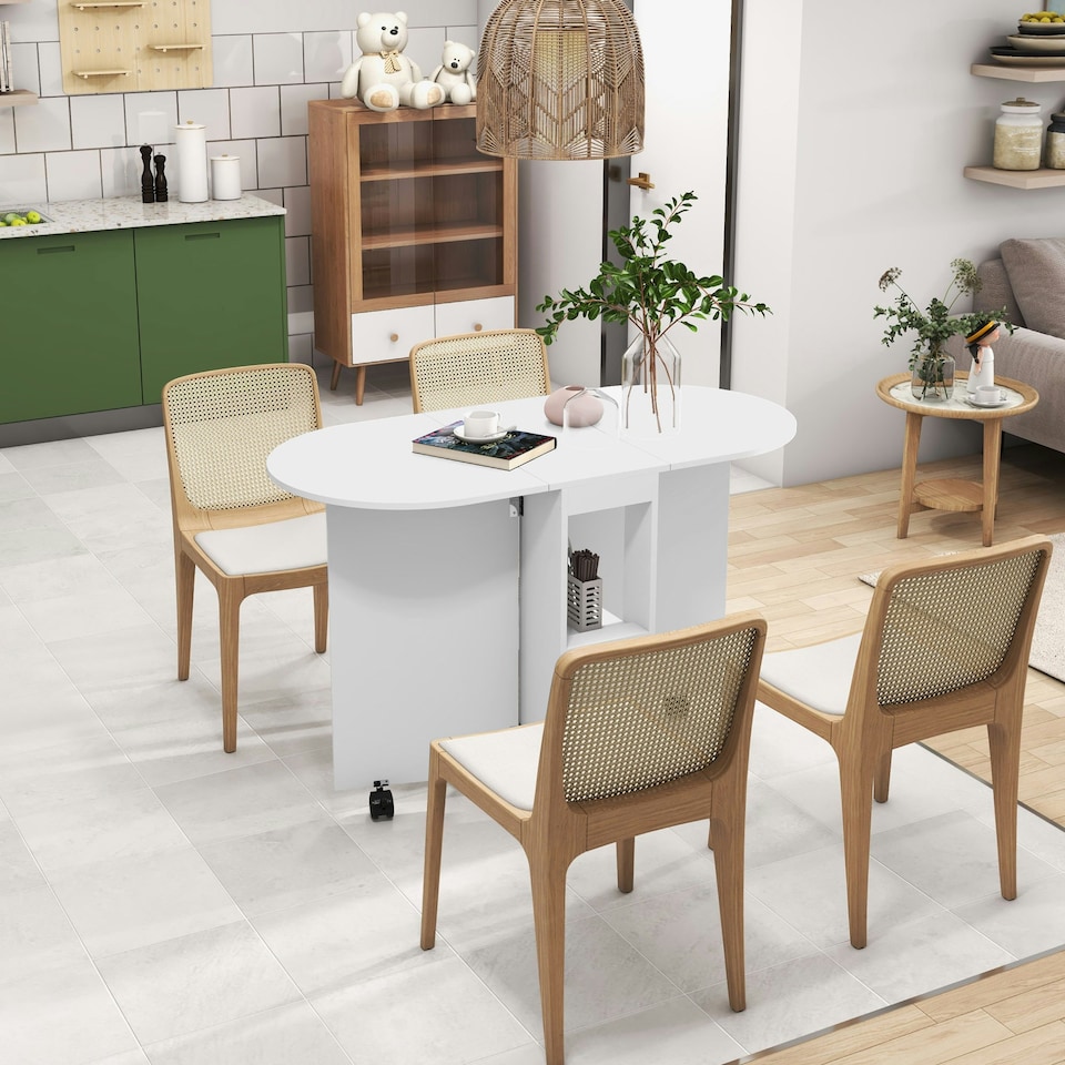 image 1 of HOMCOM Folding Dining Table for Small Spaces with 2-tier Shelves White