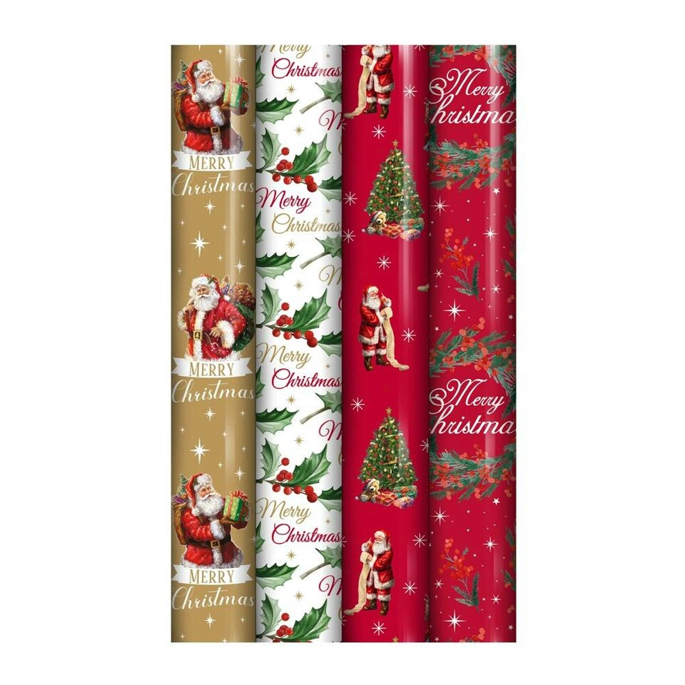 image 1 of Pack of 4 4m Traditional Christmas Design No SHrink Gift Wrap Rolls