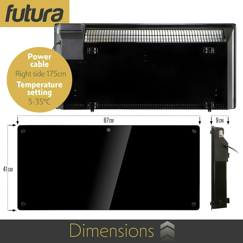 image 1 of Futura 2000W Smart Wifi Heater Electric Panel Wall Mounted Black Glass Radiator