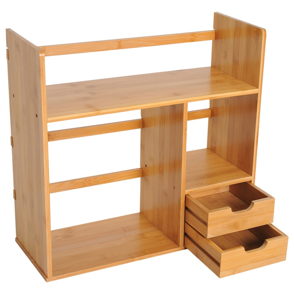 image 1 of HOMCOM Desk Organiser Desktop Bookshelf 180 Degree Rotatable 2 Drawers Bamboo