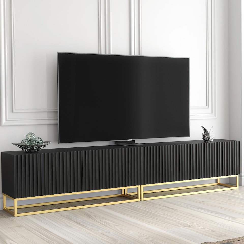 image 1 of TV Stand TV Unit Modular Media Cabinet Storage Cabinet Black Fluted Gold Legs 200cm