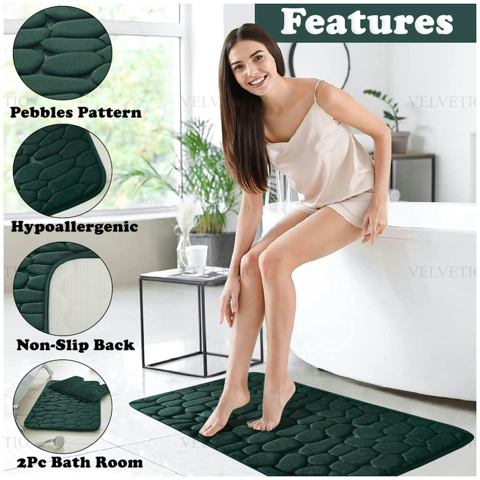 image 1 of VELVETIO 2Pc Pebble Bath Mat Set Memory Foam Bathroom Toilet Rugs Cream