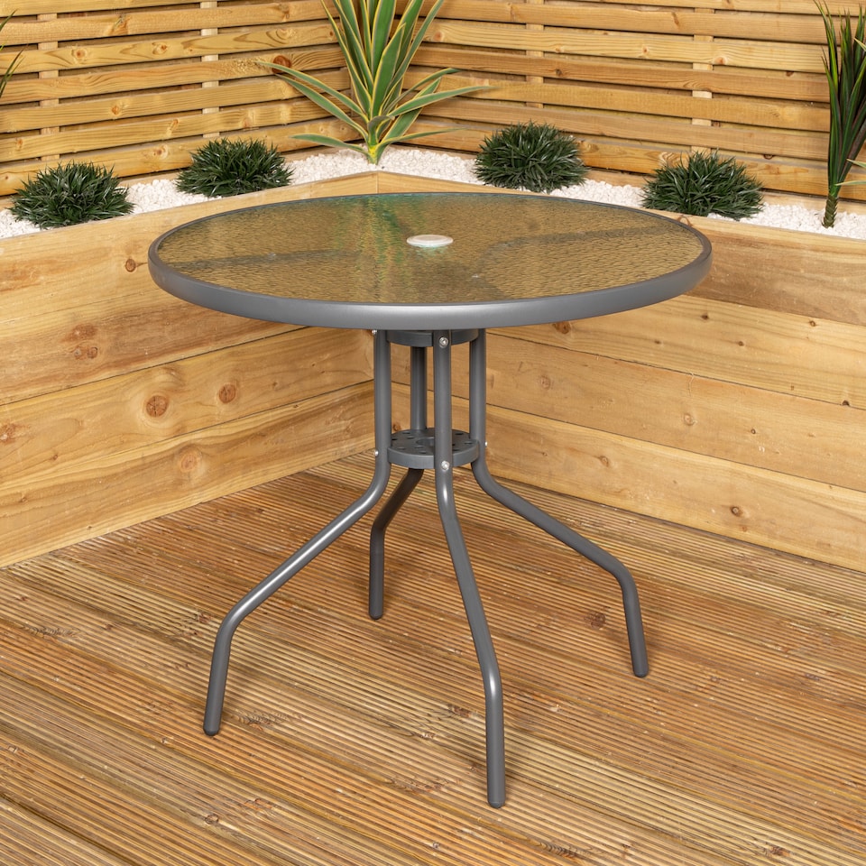 image 1 of Samuel Alexander Outdoor 4 Seater Round Glass Top Table and Chairs Patio Set with Parasol in Grey