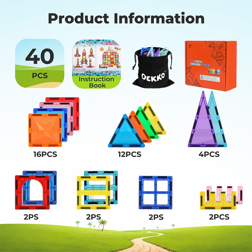 image 1 of Dekko 40 pcMagnetic Tiles Building Blocks Educational Toy for Kids | Multi | Diamond