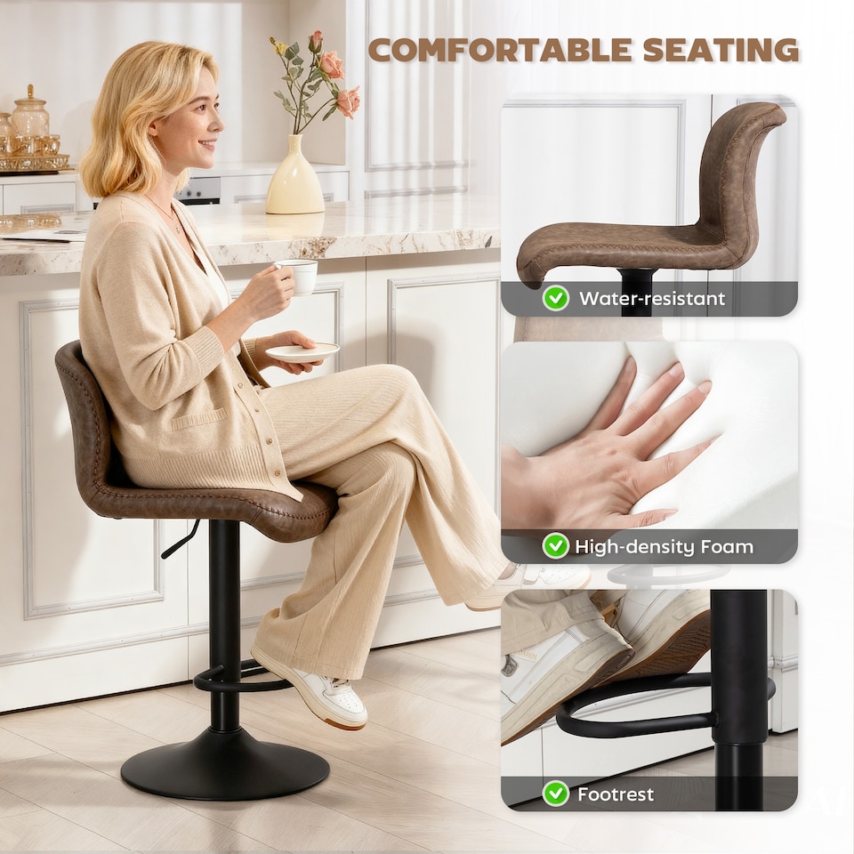image 1 of HOMCOM Bar Stools Set of 2, Height Adjustable Barstools with Backrest and Footrest, PU Leather Upholstered Dining Stools for Kitchen, Counter, Breakfast Bar, Brown