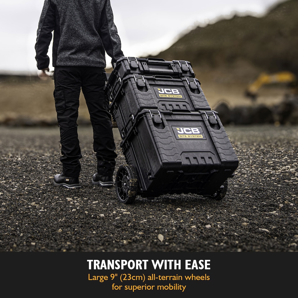 image 1 of JCB Site System, 3-Piece Modular Tool Storage, Toolbox and Organiser with Cart trolley, 9’’ Wheels | JCB-SITESYS-ST