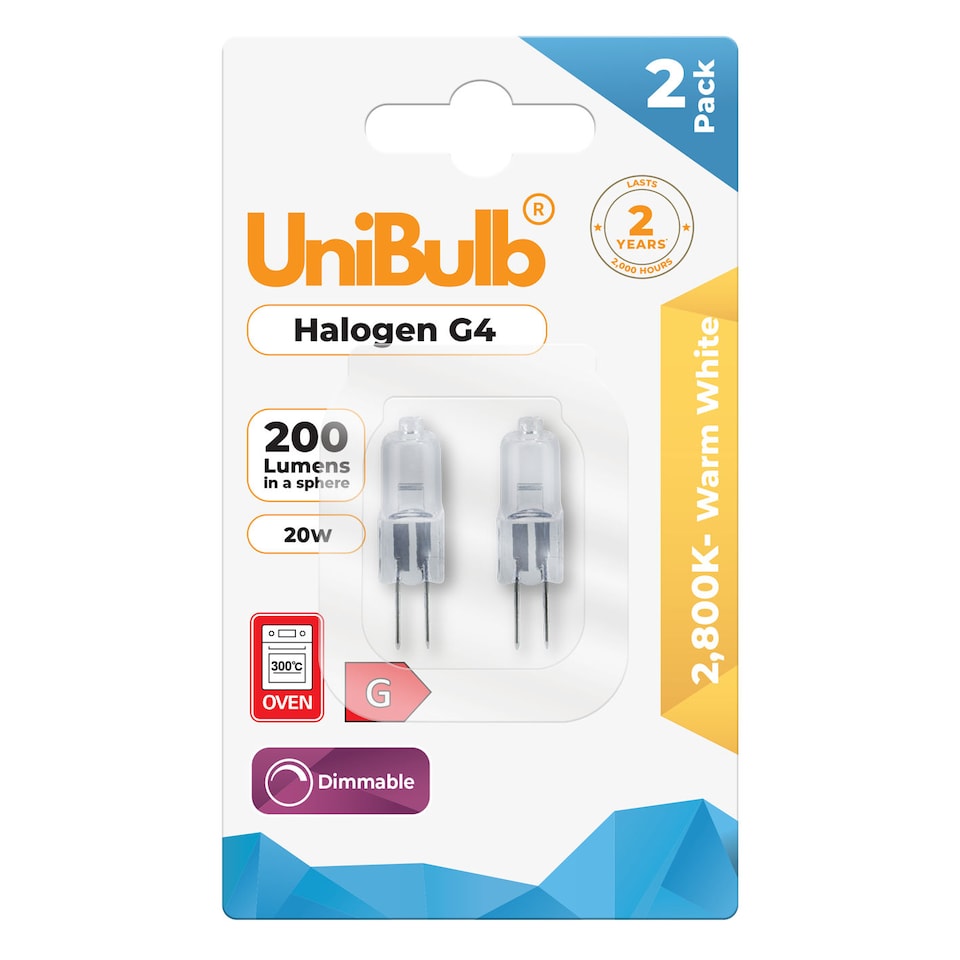 image 1 of UniBulb Halogen G4 Capsule 200lm 20W 2800K (Warm White) - Pack of 2 | Clear | Warm White | 2