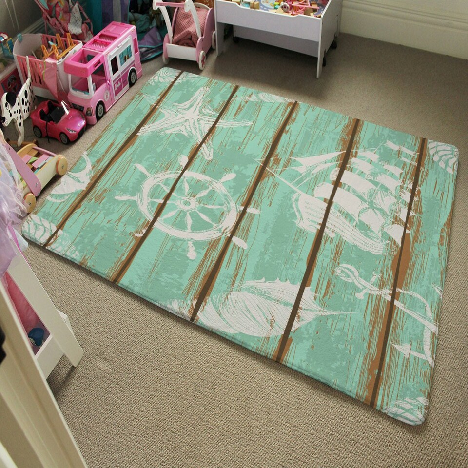 image 1 of Nautical Elements on Wood (Rug) Blue | Large: 140x200cm