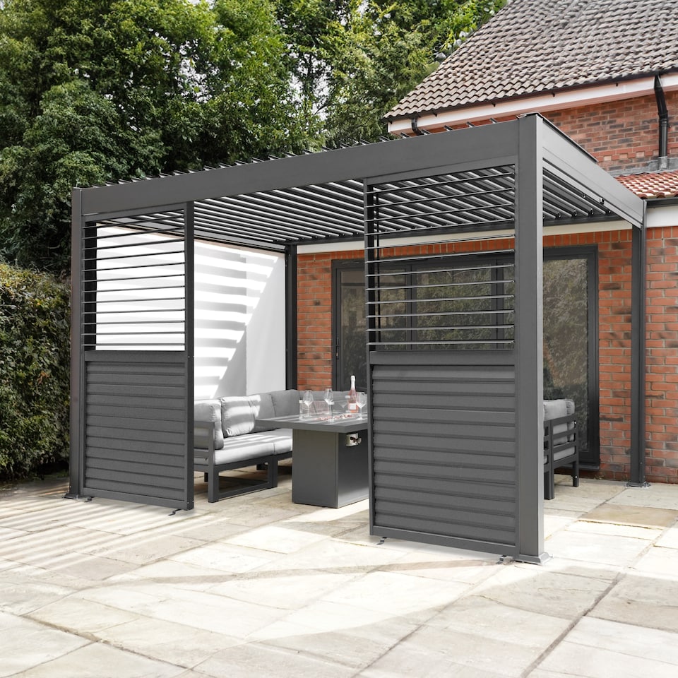 image 1 of Anthracite Aluminium Pergola With White Blinds & 2 Shutter Panels - 3m x 4m