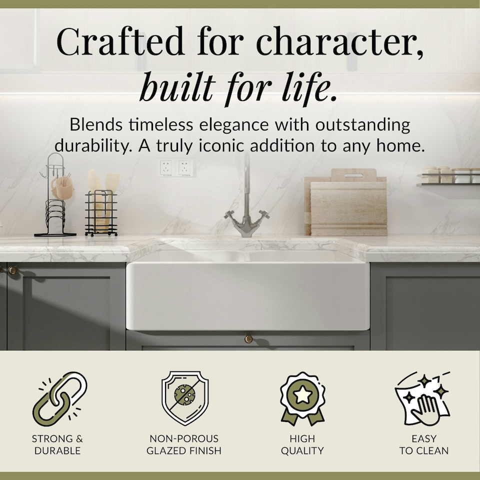 image 1 of 795mm -  2 Bowl Fireclay Butler Kitchen Sink -  Full Weir  & Wastes