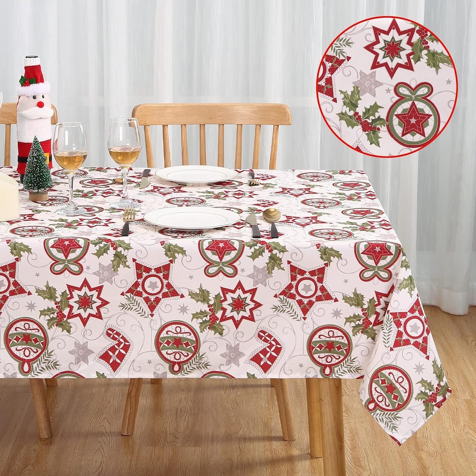 image 1 of London Boutique White Christmas Tablecloth, Waterproof Polyester Table Cover with Star Holly Ornament Print