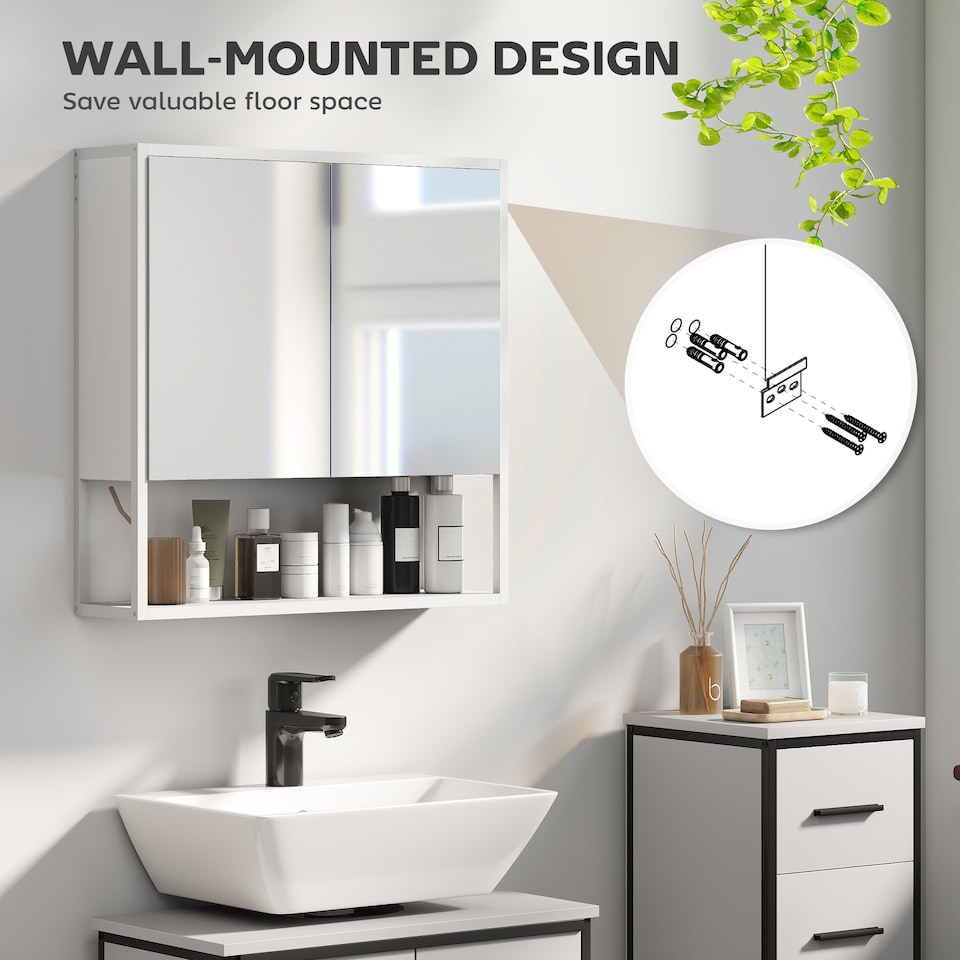 image 1 of HOMCOM Bathroom Mirror Cabinet Wall Mounted with Soft-Close Doors and Adjustable Shelf, Industrial Bathroom Wall Cabinet with Open Storage, 60 x 16 x 60 cm, White | White | White
