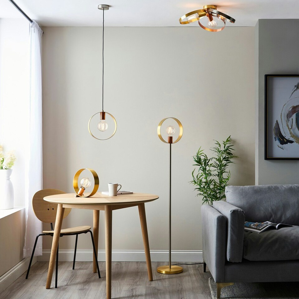 image 1 of Hoop Single Pendant Ceiling Lamp, Brushed Brass, Nickel, Copper Plate