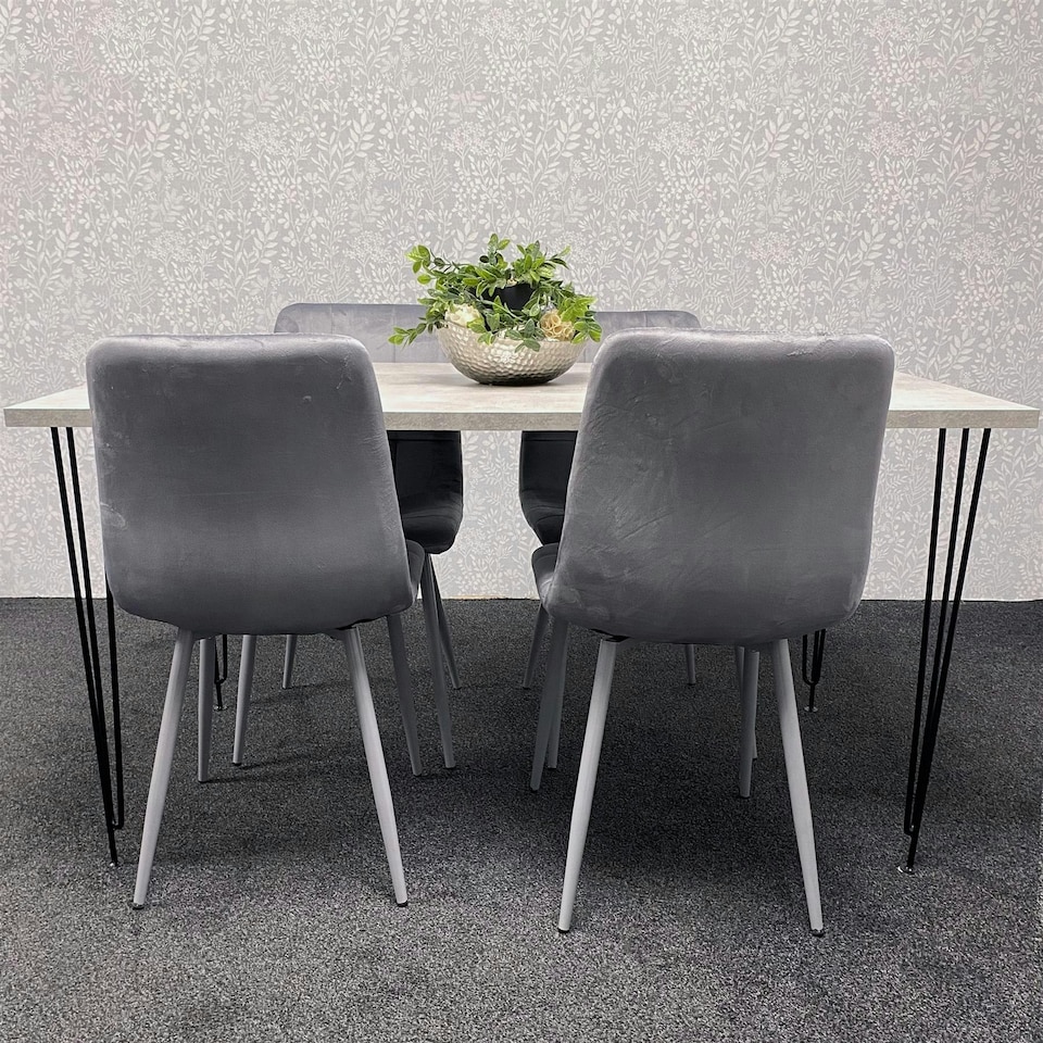 image 1 of Grey Dining Table with Hairpin Legs & 4 Grey Velvet Chairs Set for Kitchen & Dining Room Grey