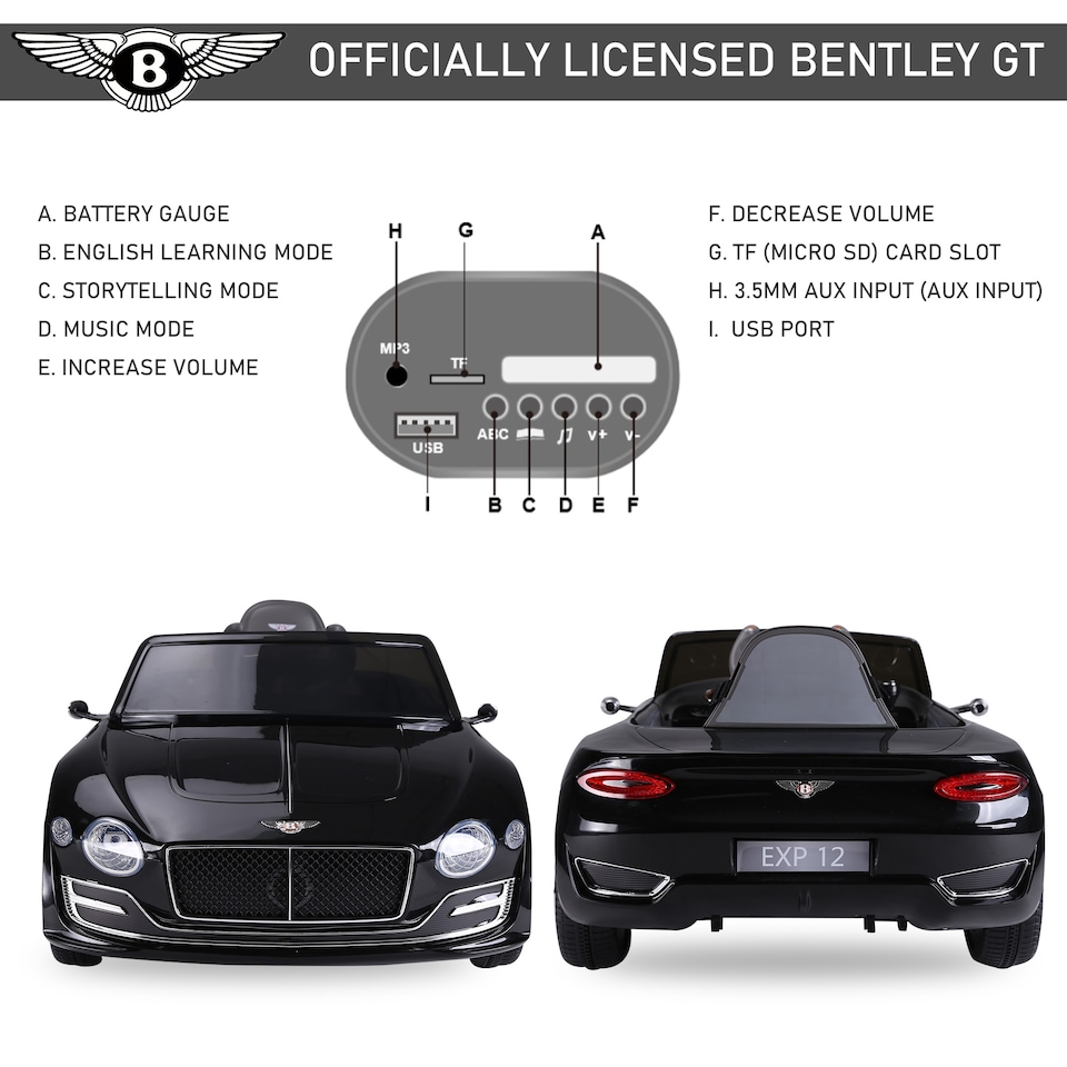 image 1 of HOMCOM Bentley GT Licensed 12V Electric Car for Kids, Kid's Electric Ride on with Remote Control, Ride on Car with LED Lights, Music, for 3-5 Years, Black