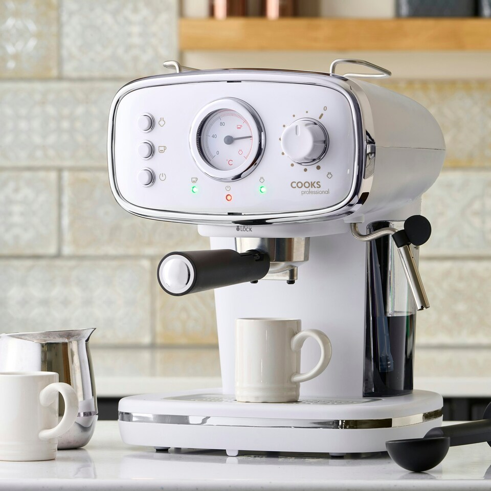 image 1 of Cooks Professional Retro Espresso Machine | 15-Bar Pressure | Steam Wand | Large 1.2L Water Tank | White & Silver