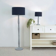 ValueLights Victoria Grey Wood Traditional Stem Floor Lamp with Navy Blue Fabric Drum Shade