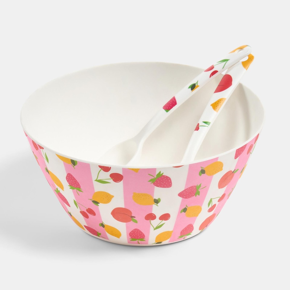 image 1 of OHS Summer Print Plastic Picnic Salad Bowl Utensil Set Lightweight | Pink | Bright Fruits