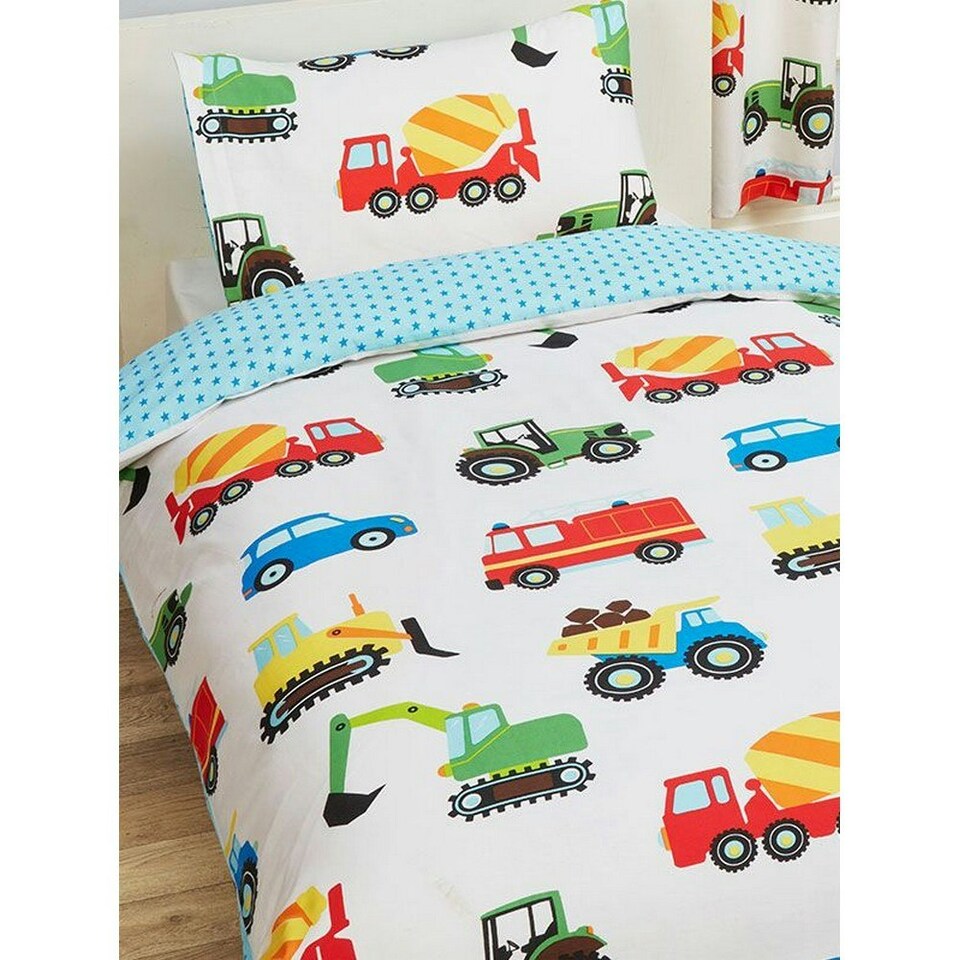 image 1 of PriceRightHome Childrens/Kids Trucks & Transport Duvet Cover Set - White/Blue/Red - Single | White | Single