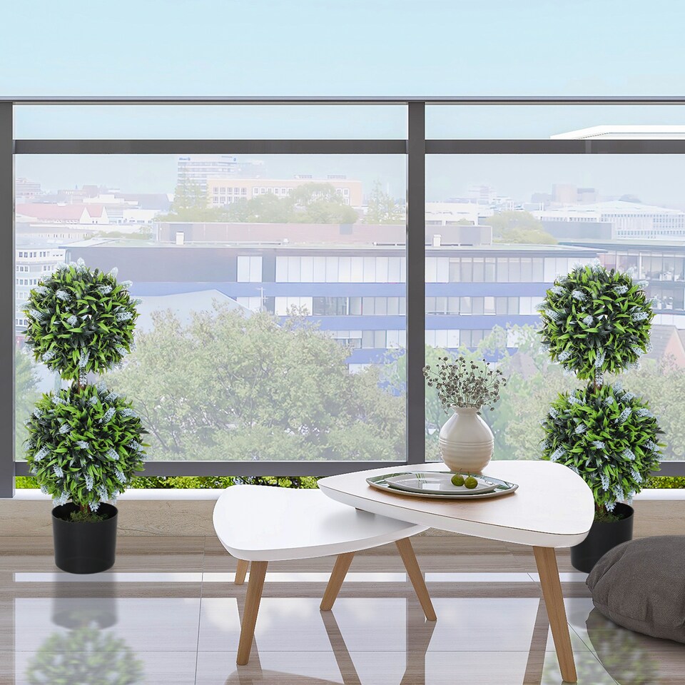 image 1 of HOMCOM Set of 2 Decorative Artificial Plants Ball Trees with Lavender Flowers in Pot Fake Plants for Home Indoor Outdoor Decor, 70cm, Blue