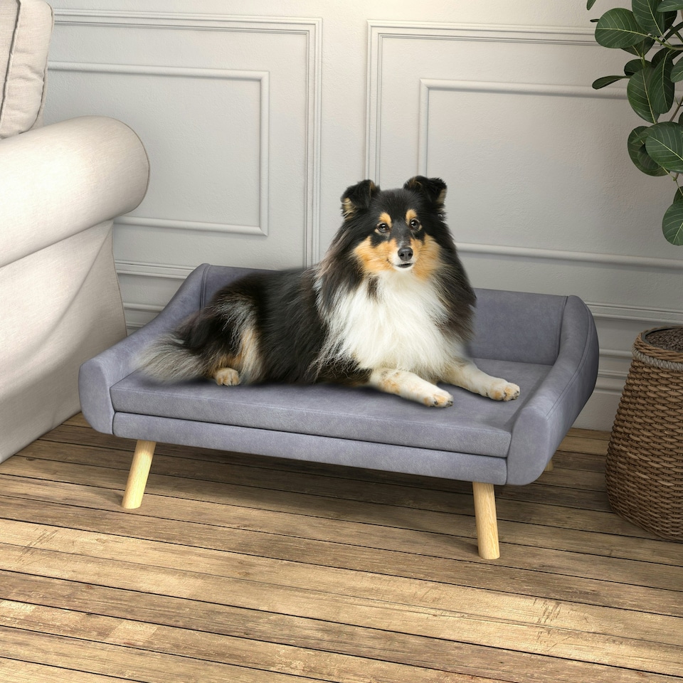 image 1 of PawHut Dog Sofa Bed Raised Couch with Wooden Frame and Soft Cushion, Grey