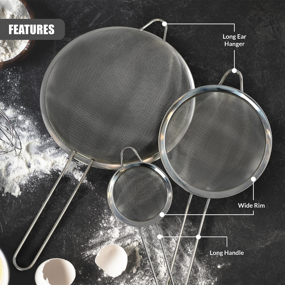 image 1 of GEEZY Fine Mesh Sieve Set of 3 Stainless Steel Strainers for Kitchen Baking Cooking