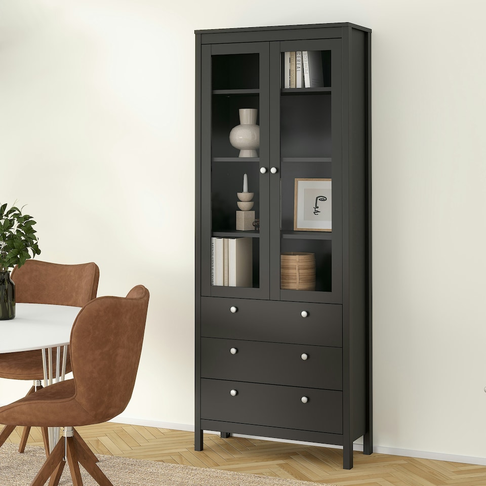 image 1 of Madrid China Cabinet 2 Glass Doors with 3 Drawers in Matt Black